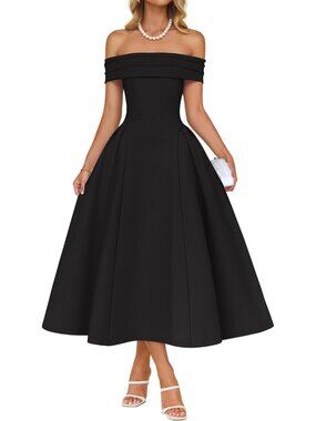 Women's Black Summer 2026 Flowy A Line Semi Formal Off Shoulder Cocktail Dresses